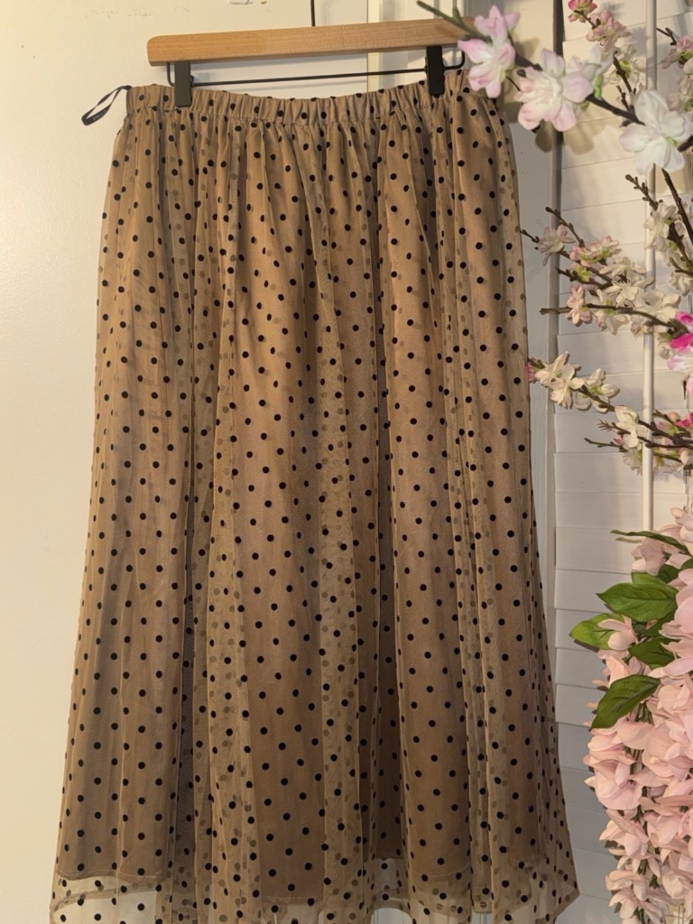 Anne Klein Tan Midi Skirt with Black Polka Dots